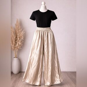 Zara Satin Wide Leg Pants Champagne Beige High Waist Flowy Size S